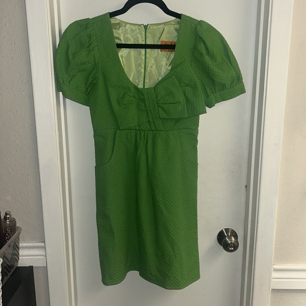 Voom by Joy Han Vintage Green Short Sleeve Dress With Bow Detail Size Small - Picture 2 of 11